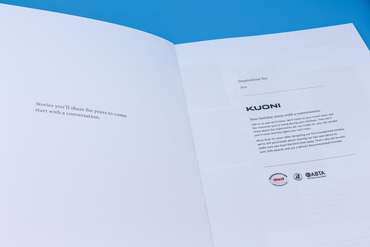 Opening page spread of luxury travel brochure with personalised introduction