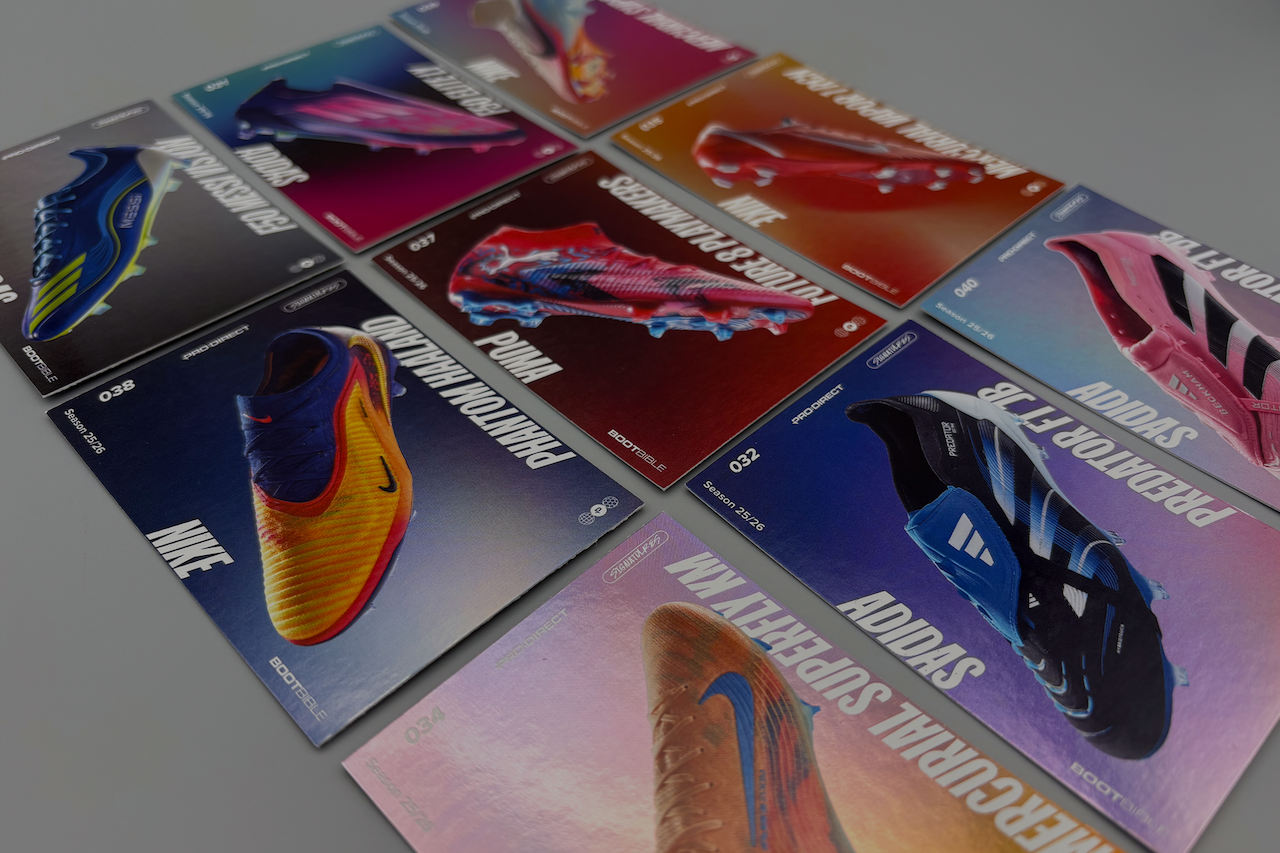 Football Boot Trading Cards on Grey Background